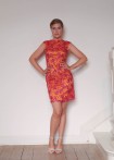 Lace dress with gold sequin embroidery, orange-pink