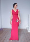 Long jersey dress with floral lace, red
