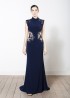 Long crepe jersey gown with floral embroidered side cut outs